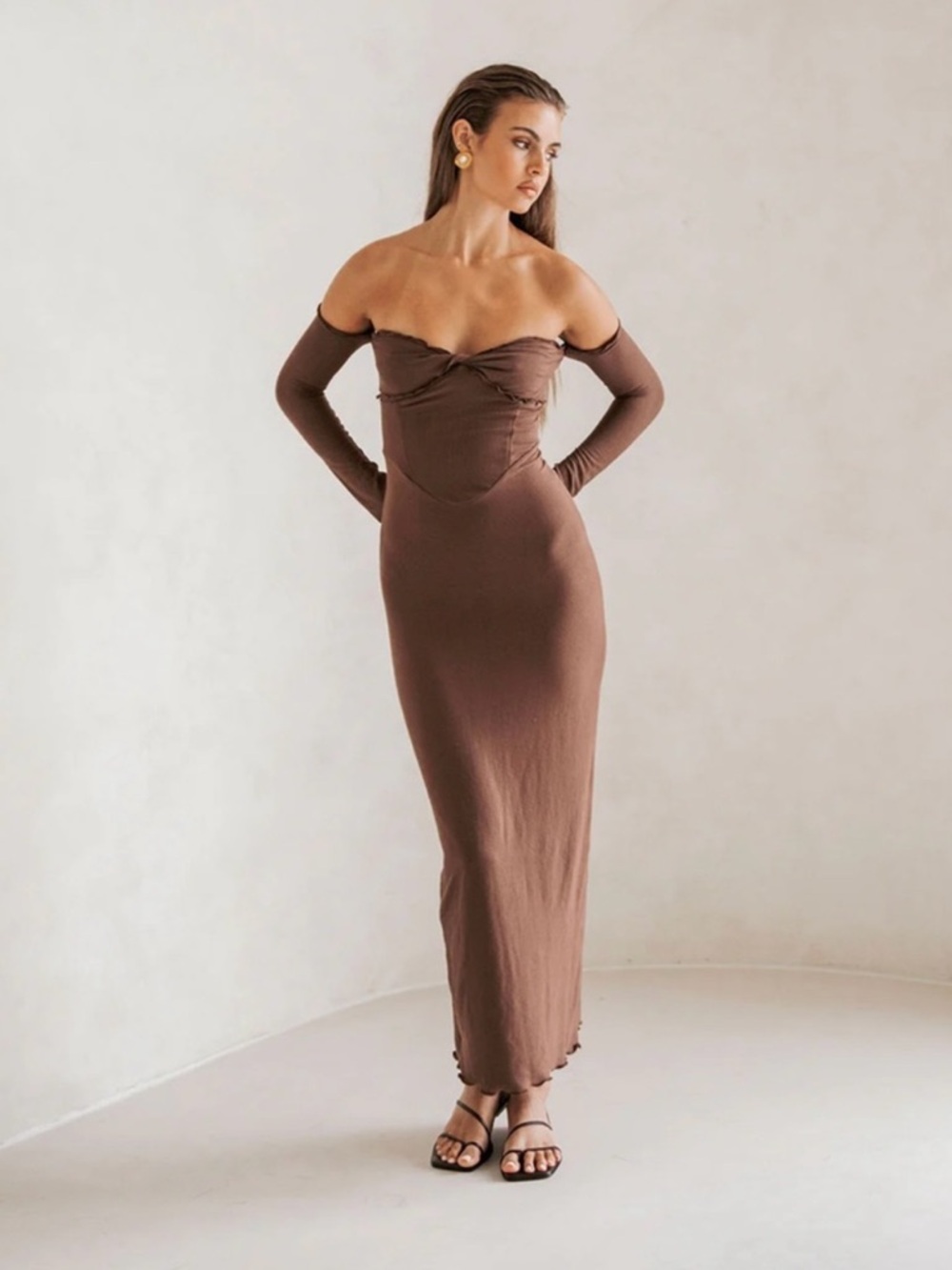 Sabo Skirt Holly Strapless Brown Maxi Dress with Detached-Look Sleeves